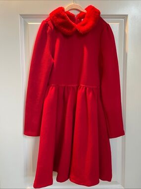 Janie and Jack Red Long-Sleeve Dress with Faux Fur Collar